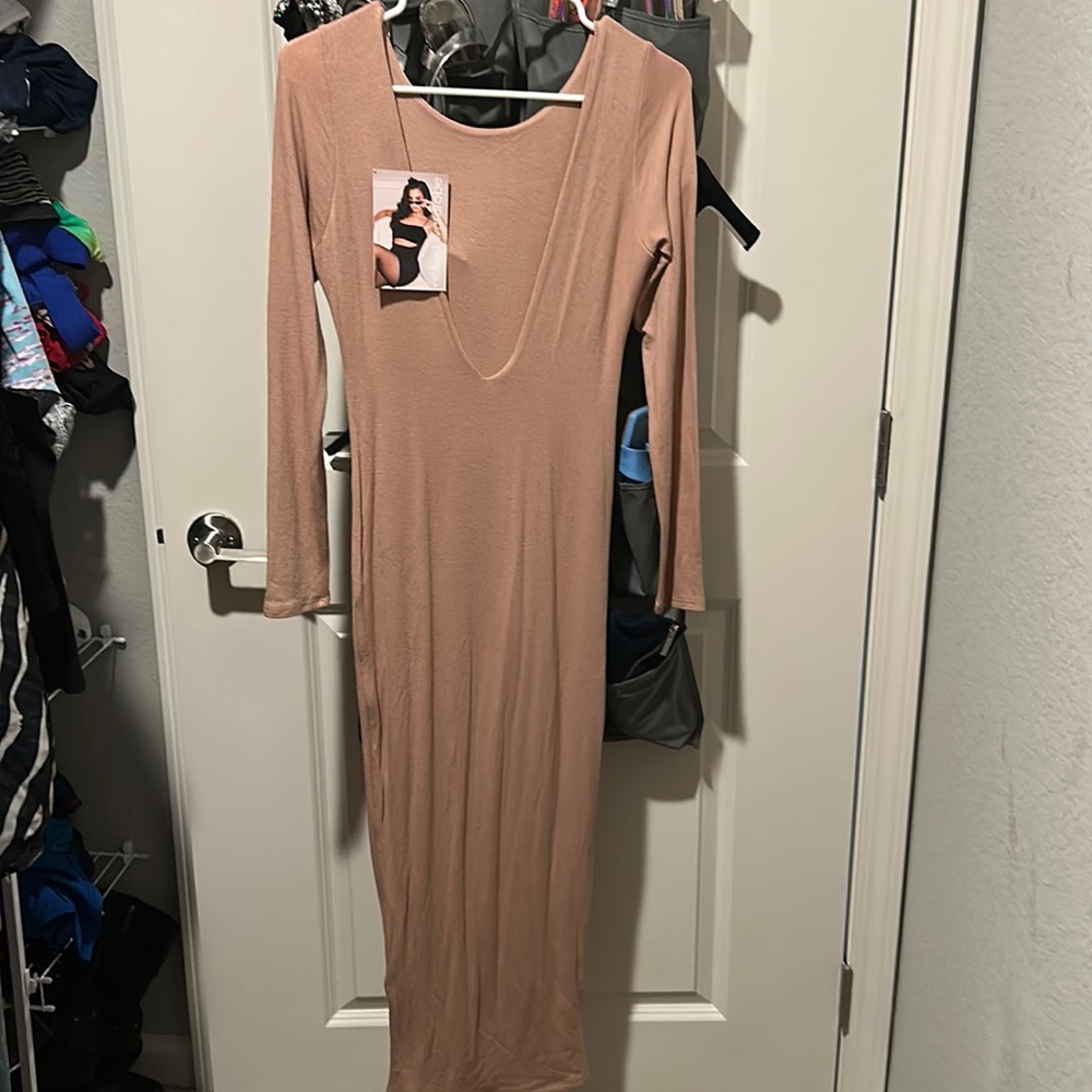 NAKED WARDROBE TAN DRESS, long, v neck , tags
